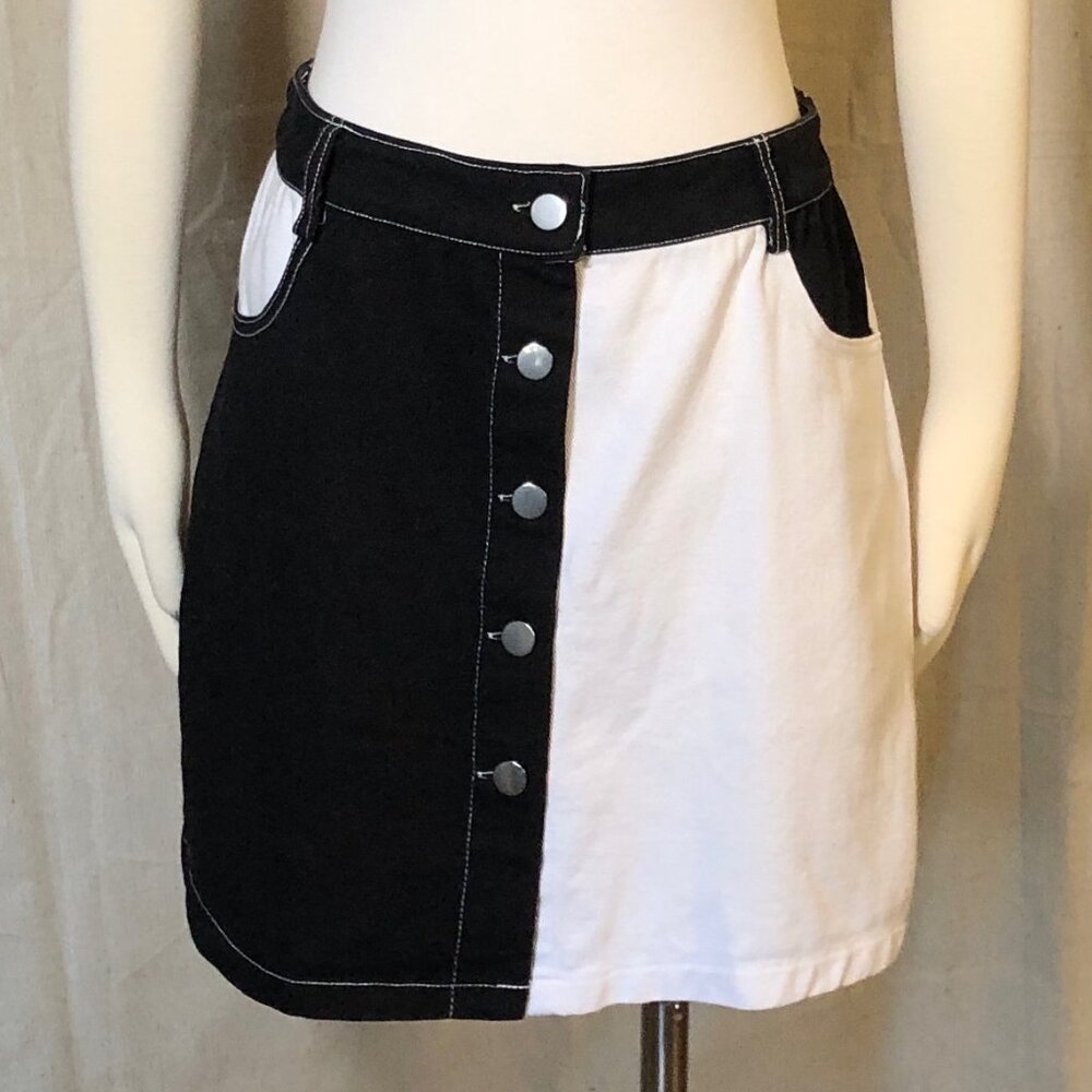 Shein Black White Button Front Denim Skirt L